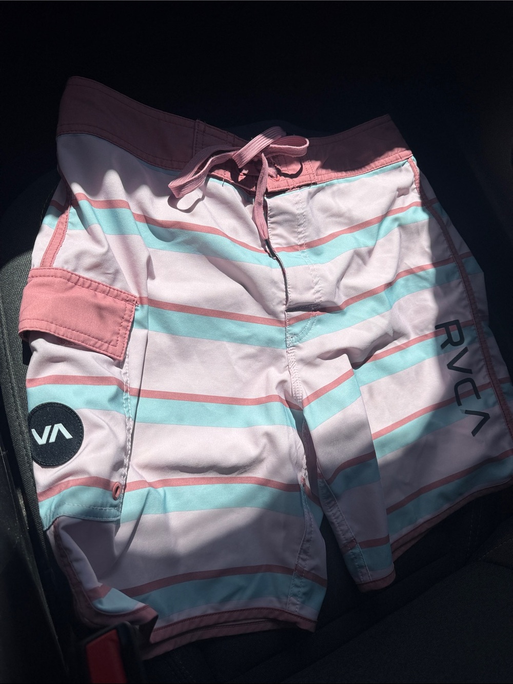 RVCA Men’s Pink and Aqua Striped Board Shorts Size 31
